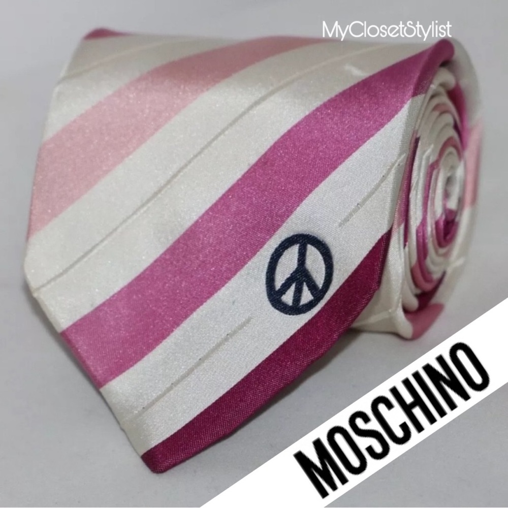 MOSCHINO Peace Sign Logo Striped Silk Tie pink new